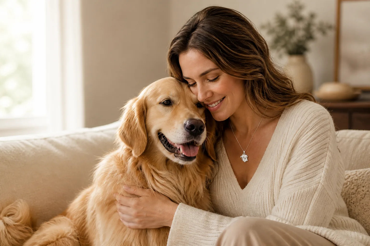 Pet parent embracing her golden retriever while wearing a custom necklace